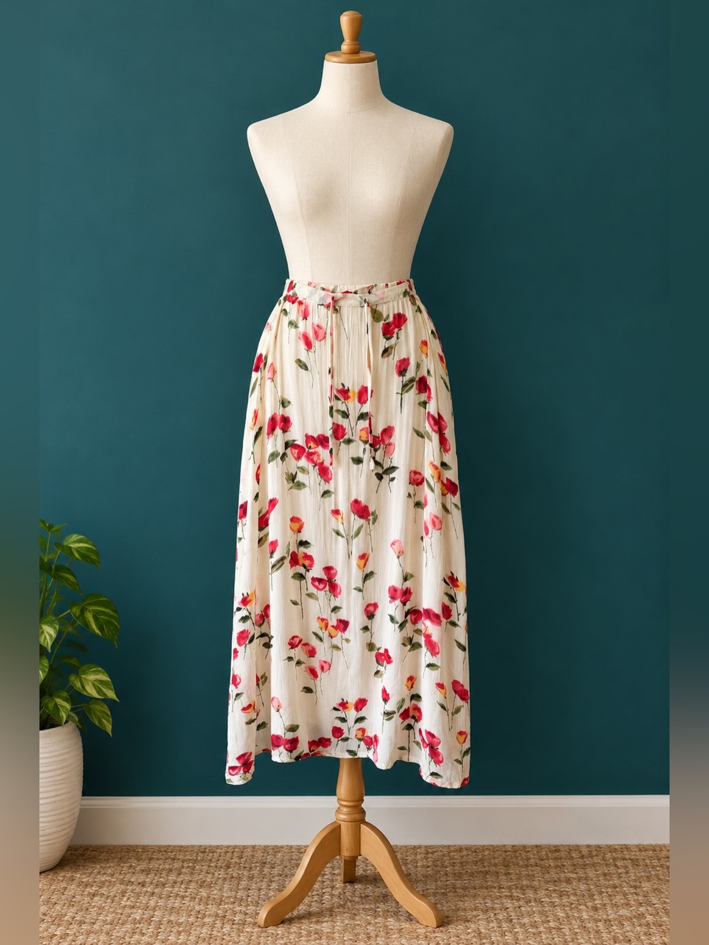 Floral Drawstring Maxi Skirt Papillon White / Cream Red Tulips Romantic Size Med